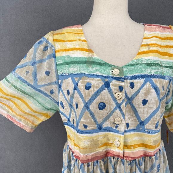 Vtg 80s 90s Two Potato Artsy A Line Midi Dress M Petite Sheer NOS Coastal Pastel - Picture 5 of 16